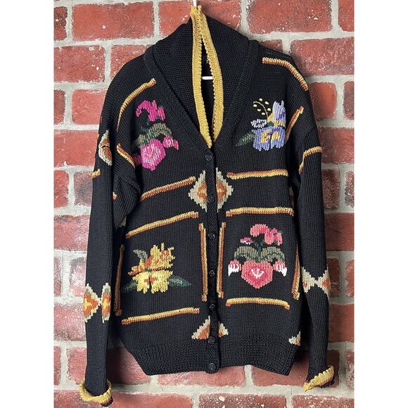 VTG Berek Sweater Black Floral Cardigan Hand Knit Heavy Button Front Size Large